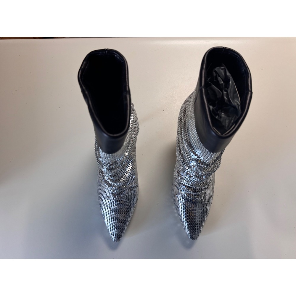 PINKO Silver Metallic Mesh Pointed Toe Stiletto Heel Ankle Boots Size 7 - Picture 4 of 12